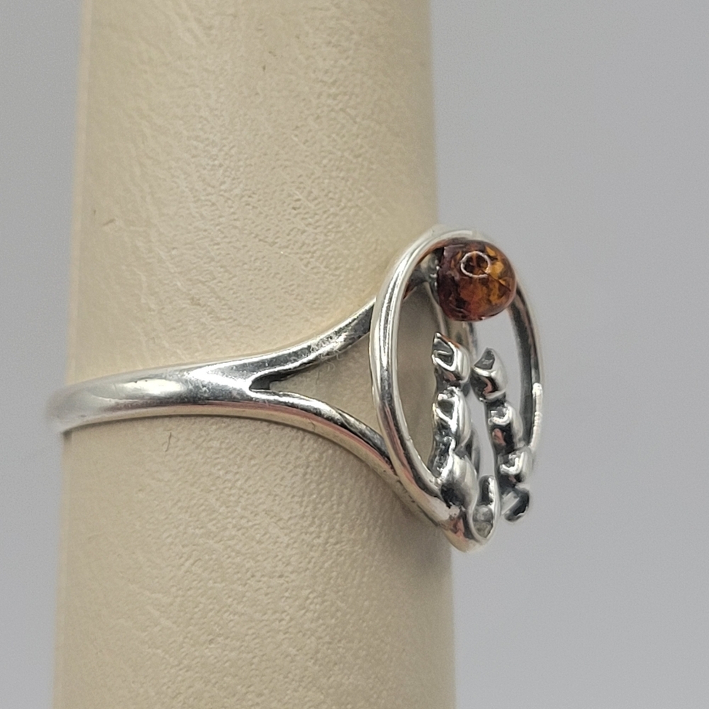 925 Sterling Silver Cat Ring Amber Stone Handmade Womens Size 8.5 Cute Unique - Picture 4 of 6